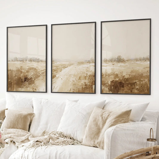 Abstract beige countryside wall prints in a calm, neutral color. Black frames for living room.