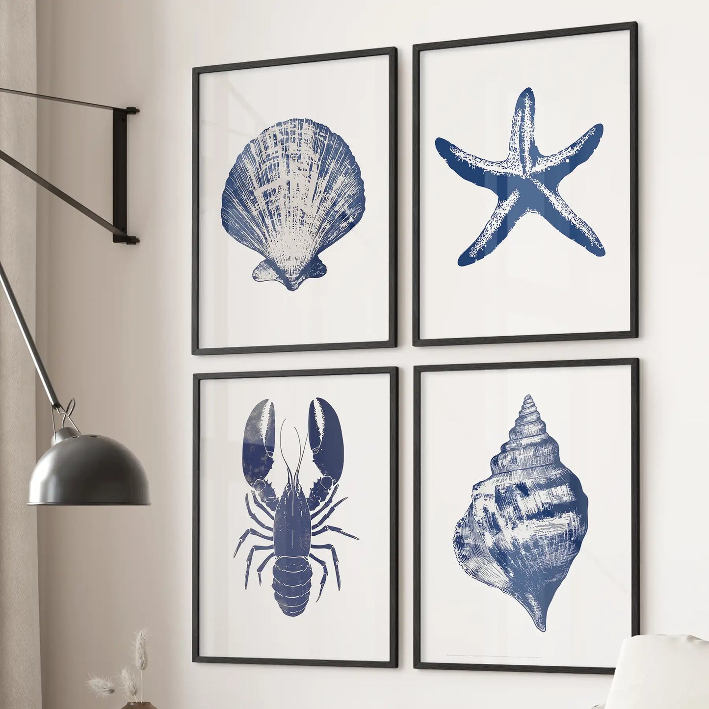 Navy blue sea starfish prints. Nautical illustration wall art decor. Black frames for living room.