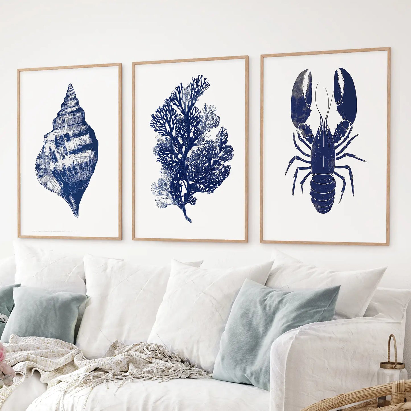 Marine sea shell illustration apartment decor. Ocean animals trendy poster print. Thinwood frames for living room.