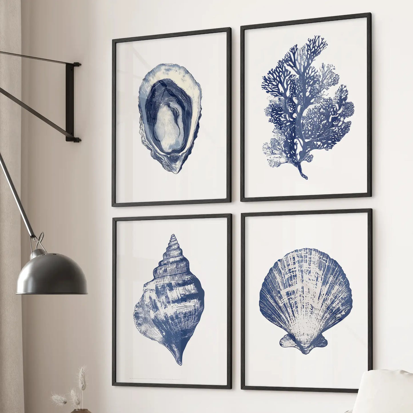 Modern beach art seashell, seaweed artworks. Minimalist decor marine gift. Black frames for bathroom.