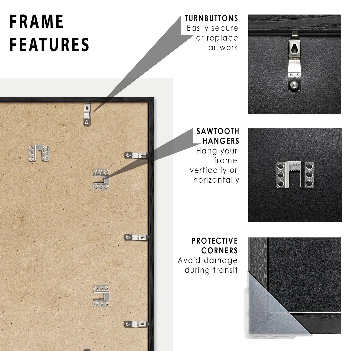 Print Sets Frames Features. Turnbuttons, Sawtooth Hangers, Protective Corners