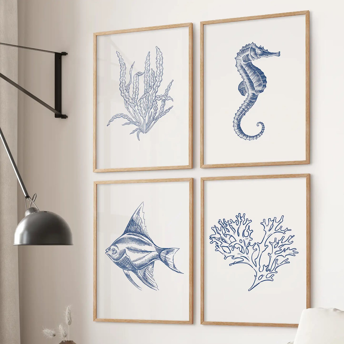 Beach house bathroom wall art. Coastal art prints seaweed marine poster decor. Thinwood frames for living room.