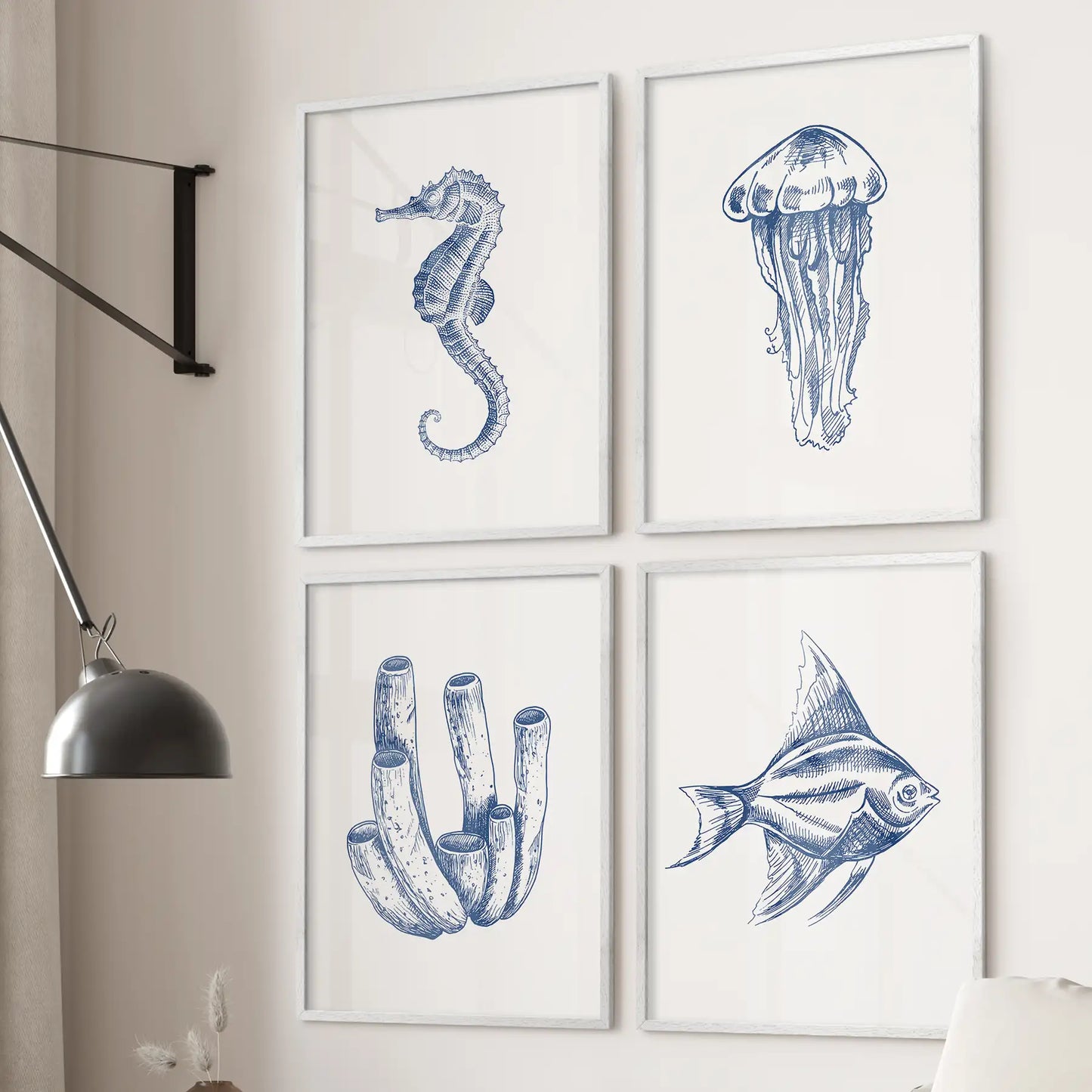 Coastal wall art sea animal home decor. Minimalist ocean wall art prints. White frames for bedroom.