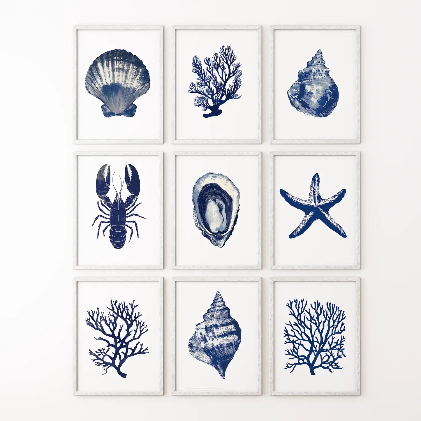 Ocean painting set of corals, seaweeds and sea shells. Trendy large poster marine home decor. White frames for apartment.