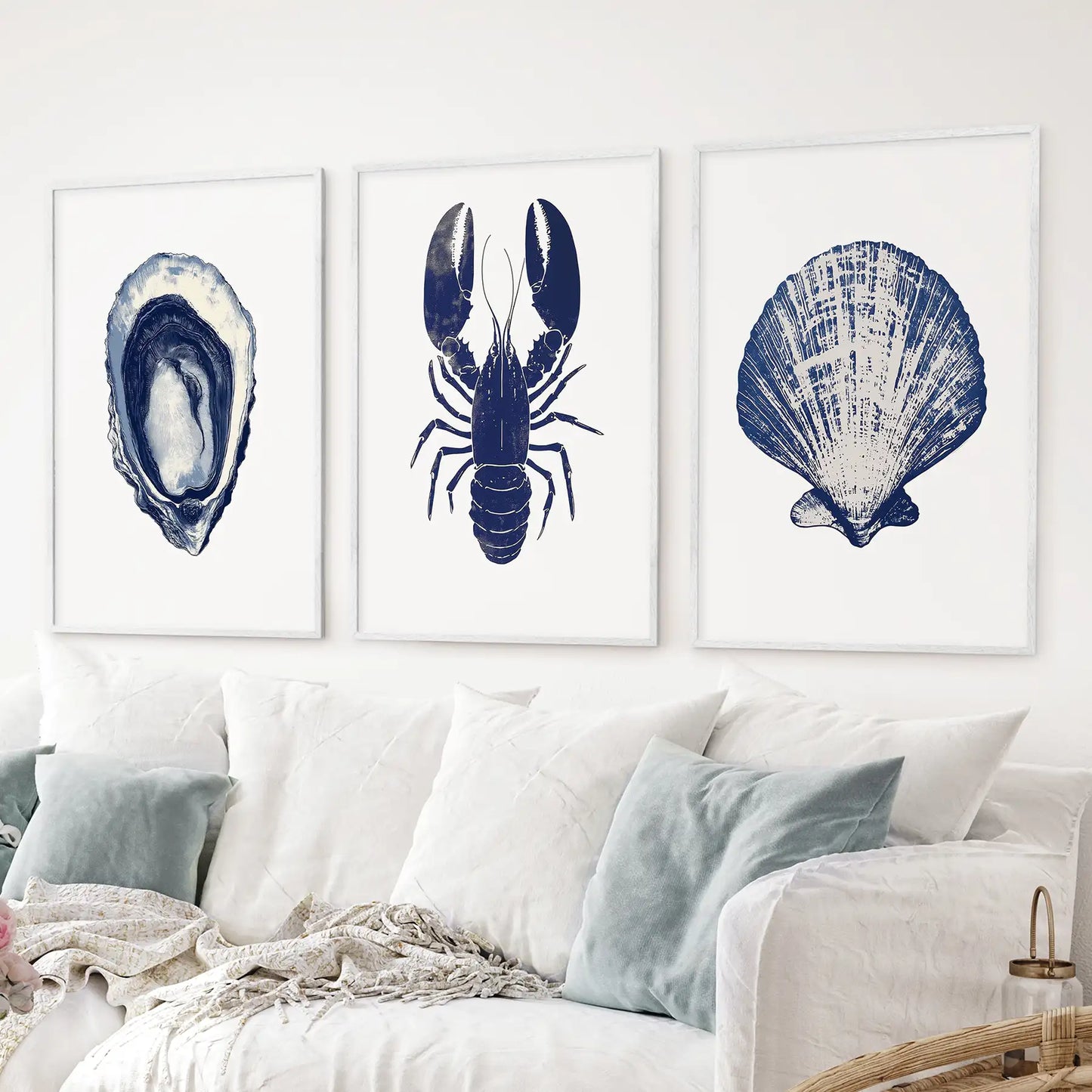 Minimalist nautical watercolor painting. Trendy beachy set of 3 beach house decor. White frames for living room.