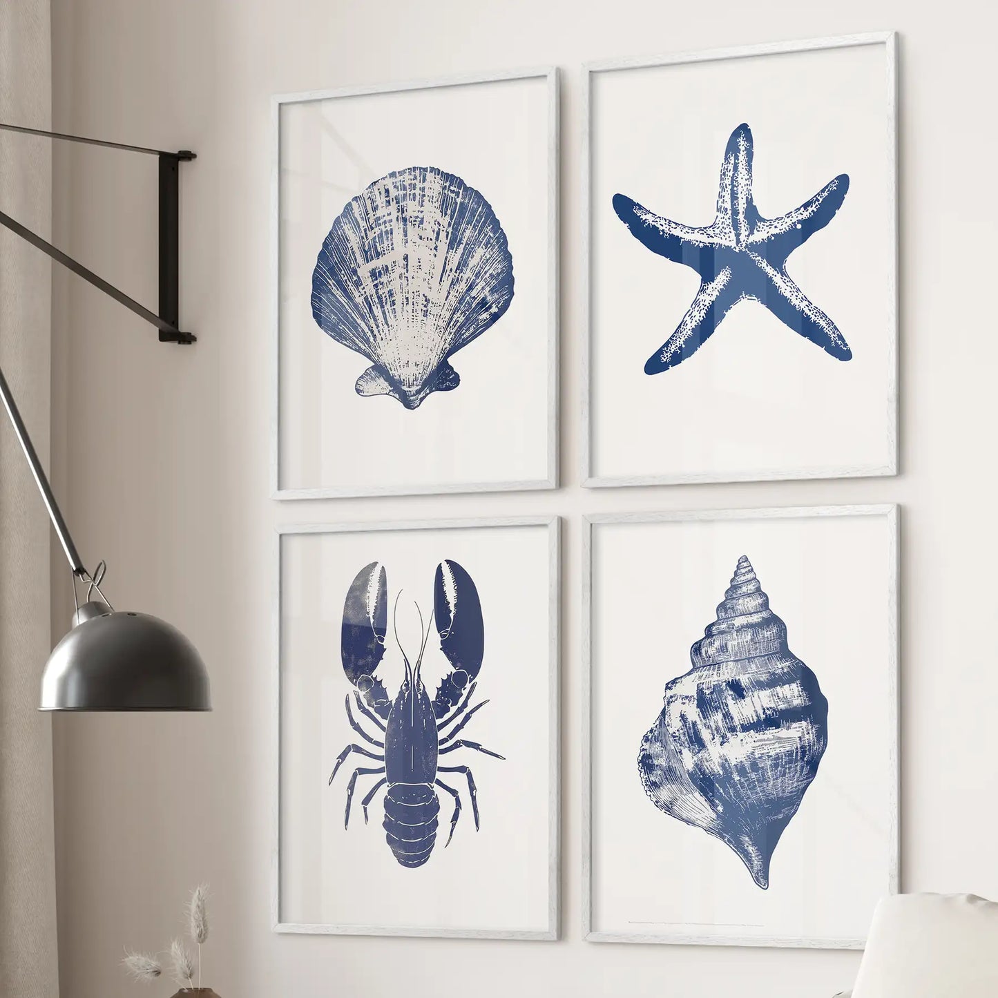 Neutral beach art poster set. Starfish, lobster, seashell modern set of 4 artwork. White frames for bedroom.