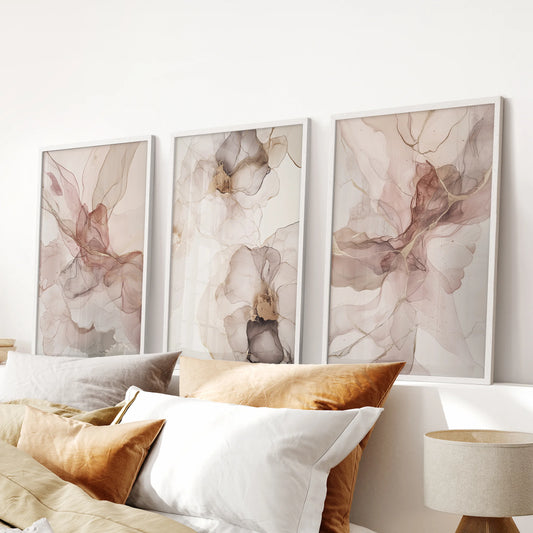 Minimal blush and beige abstract posters, 3-piece set, in clean white frames, ideal over a bedroom headboard for calm, neutral wall decor.