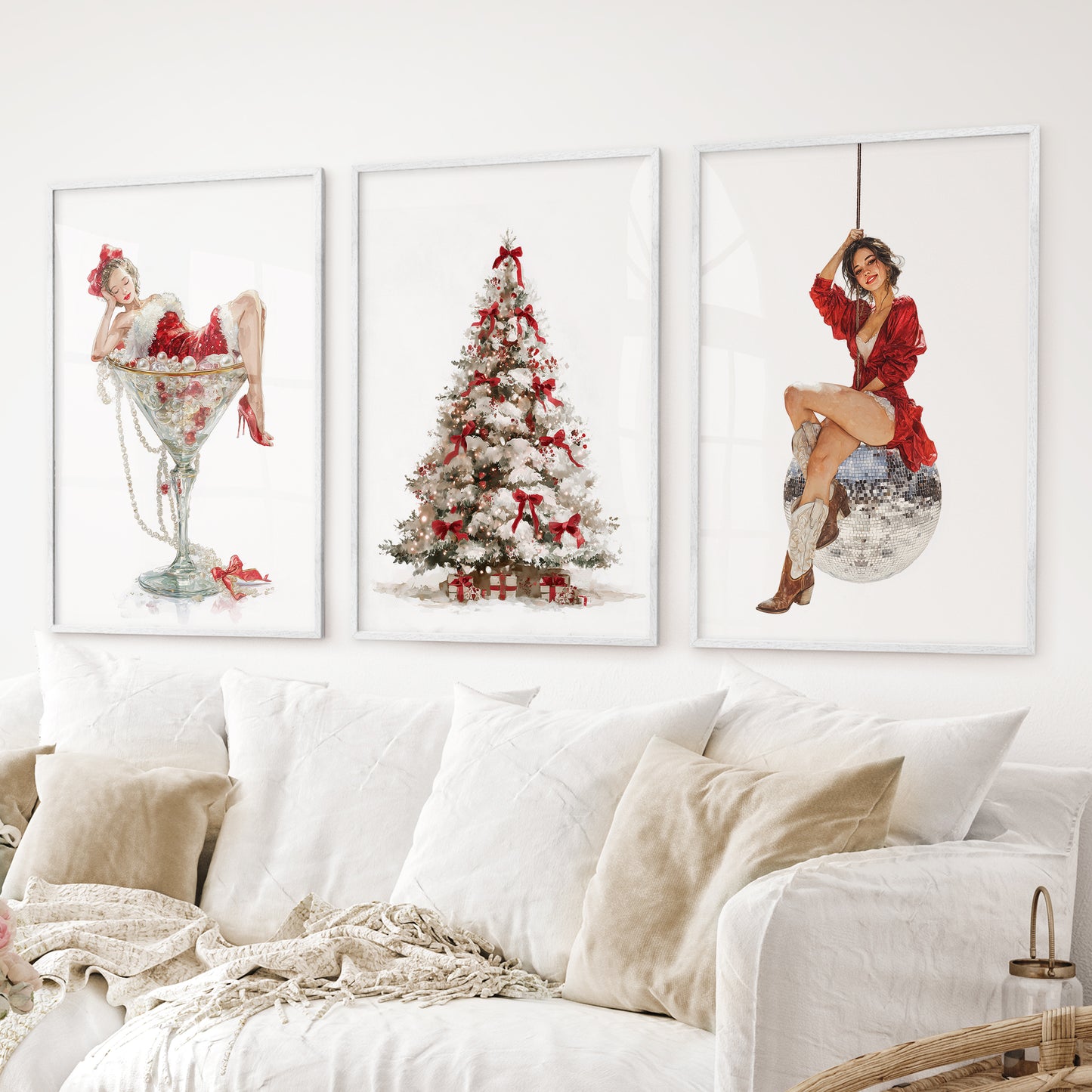 Stylish holiday wall art trio – martini glass, Christmas tree, disco ball prints. White frames for living room.