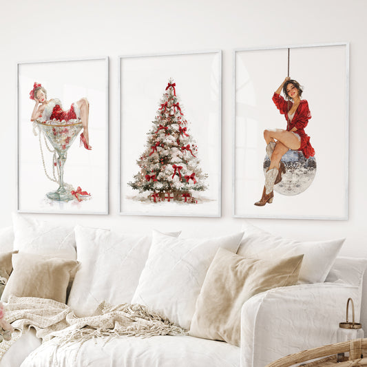 Stylish holiday wall art trio – martini glass, Christmas tree, disco ball prints. White frames for living room.