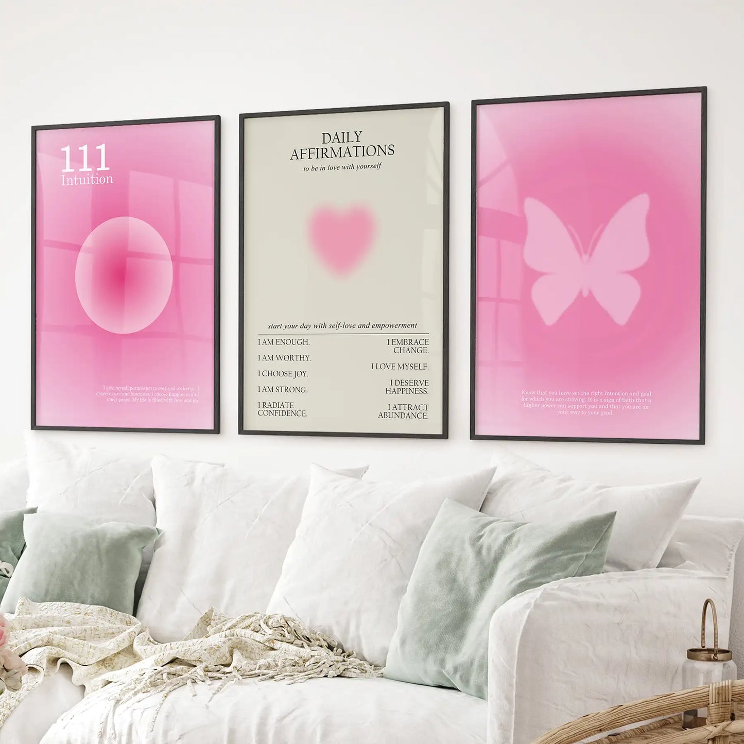 Modern preppy decor in black frames, aura art and motivational posters set of 3