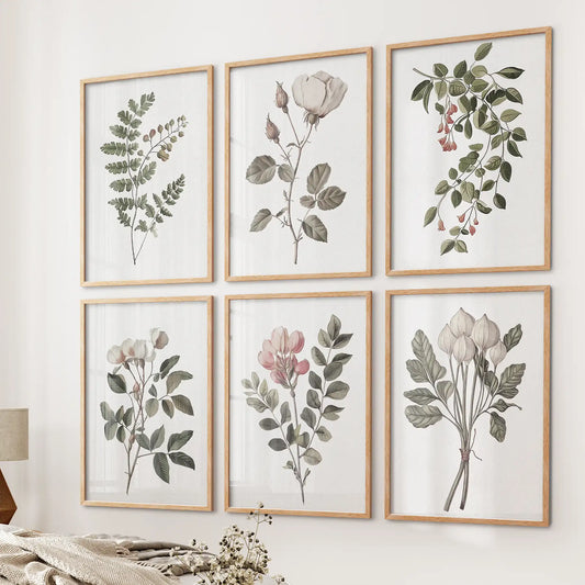 Neutral Rosehip floral poster set. French country wall art decor prints. Thinwood frames above the bed.