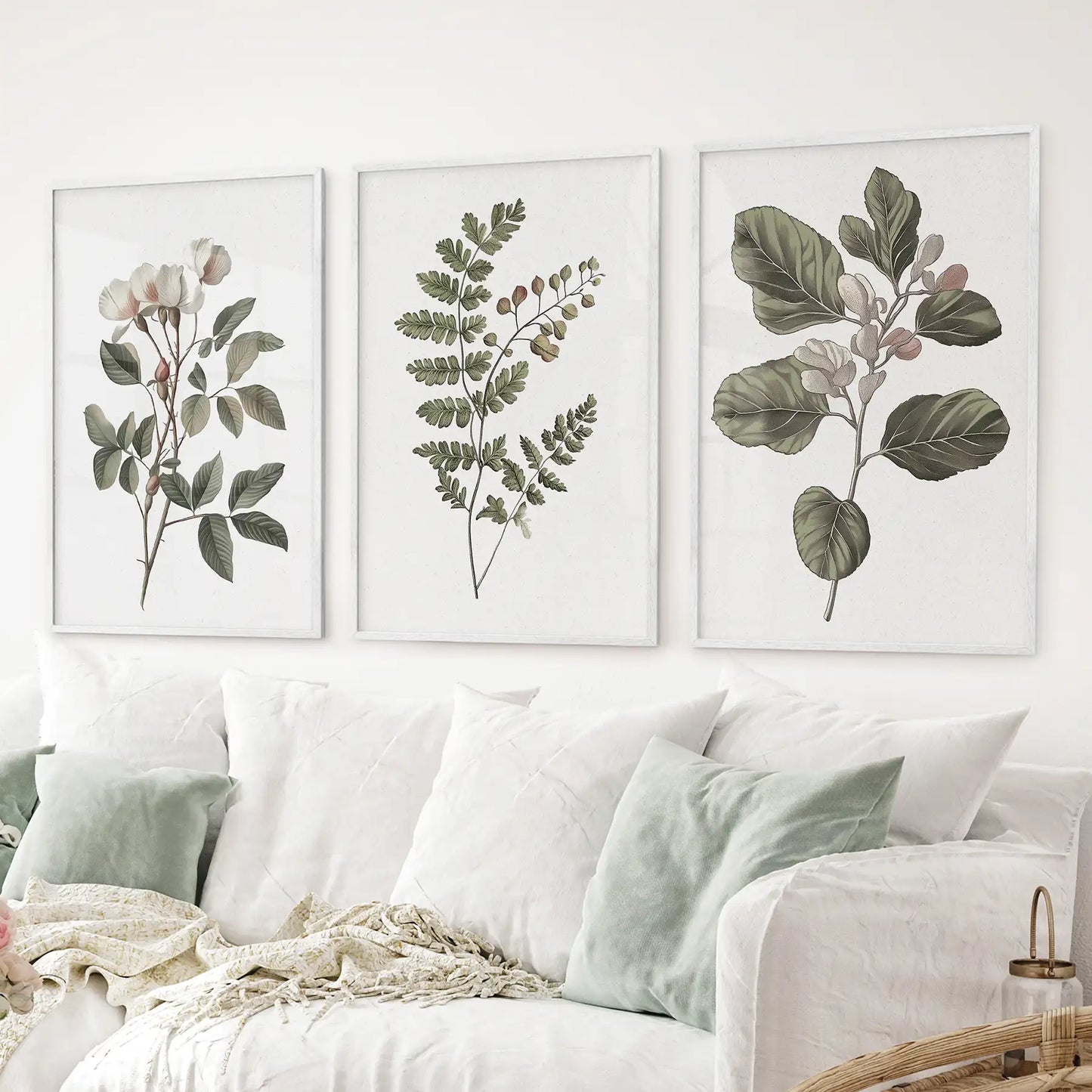 Green leaf artwork set of 3. Plant lover gift large prints. White frames for living room.