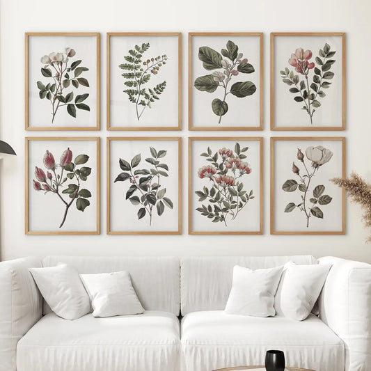 Set of 8 piece vintage decor. Rosehip flower antique illustration wall art. Wood frames above the sofa.
