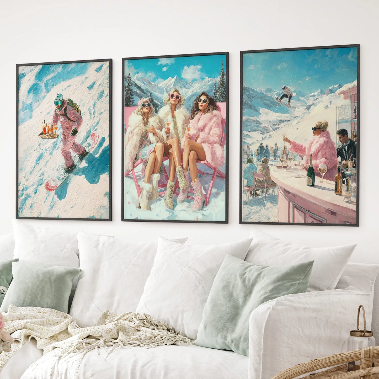 Apres ski wall art set of 3 with retro winter fashion. Black frames for living room.