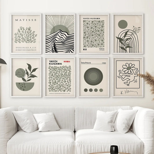 Modern sage green wall art in white frames, 8 piece abstract poster set