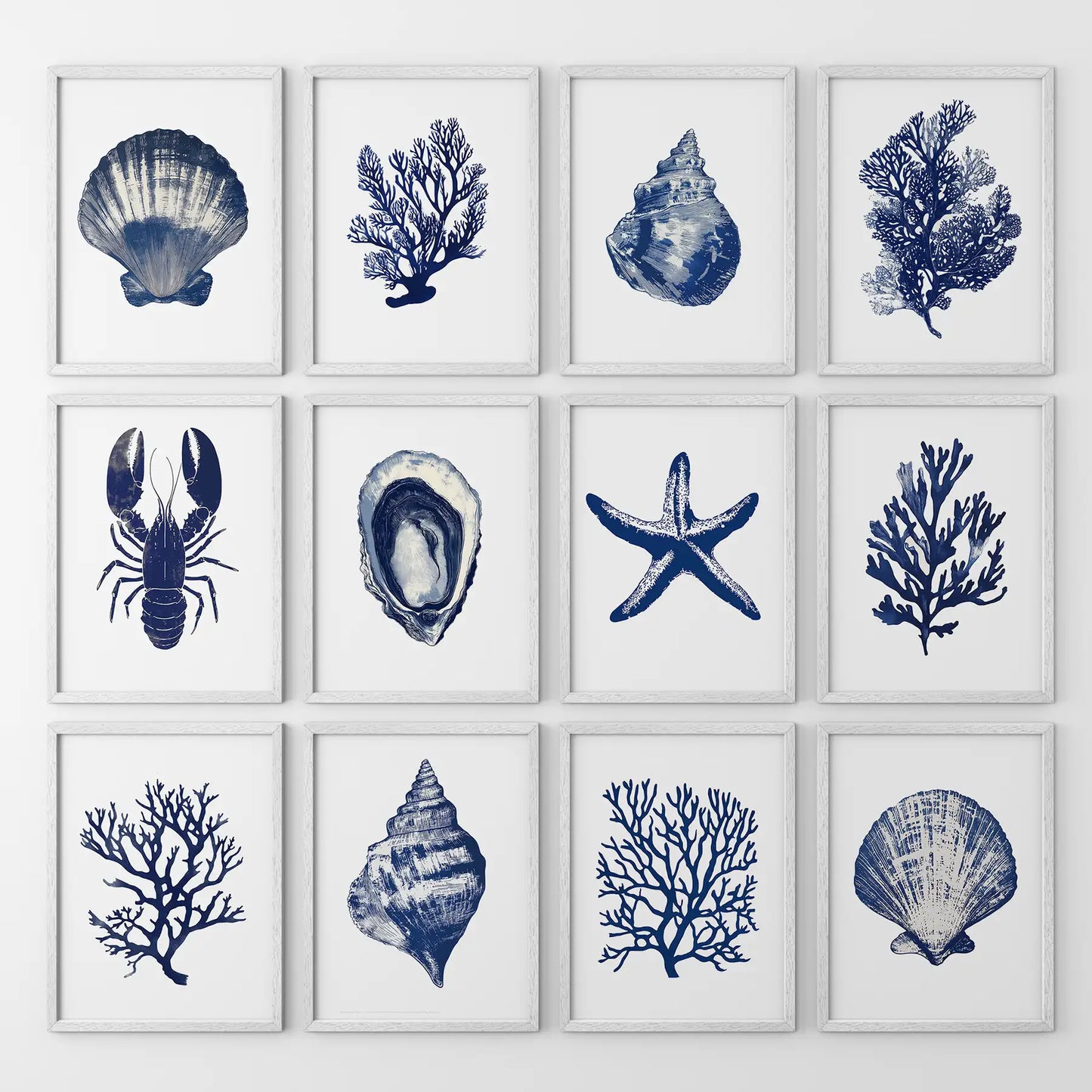Bundle coastal home decor prints. Watercolor sea life set of 12 modern wall art. White frames for living room.