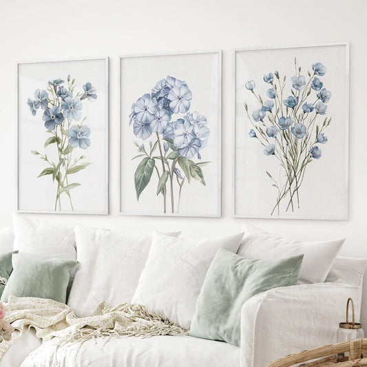 Calm nature wall art set with hand painted botanical flowers. Modern floral wall art. White frames for living room.