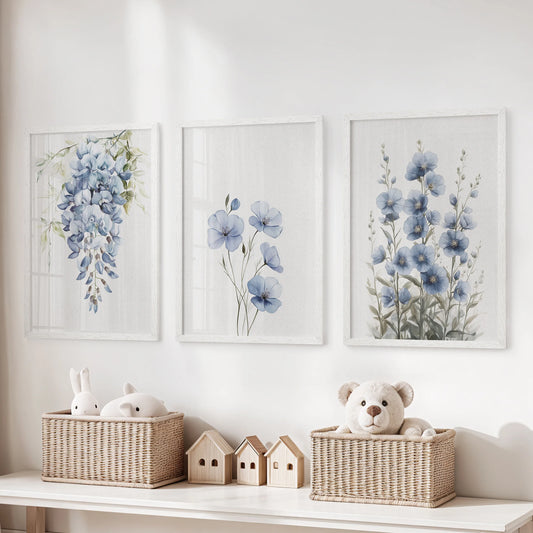 Watercolor botanical art in a three-piece wall art set comes in white frames and hangs above the toy storage bench, brightening the kids' playroom.