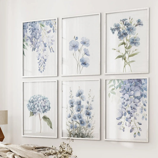Minimalist bedroom decor. Calming flower artwork poster print set. White frames for apartment.