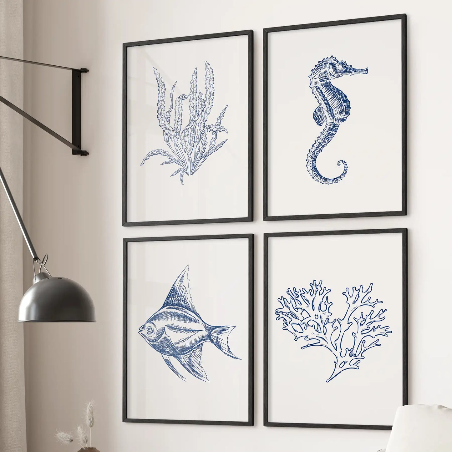 Neutral seaweeds, fish,coral prints set of 4. Minimalistic wall art. Black frames for bathroom.