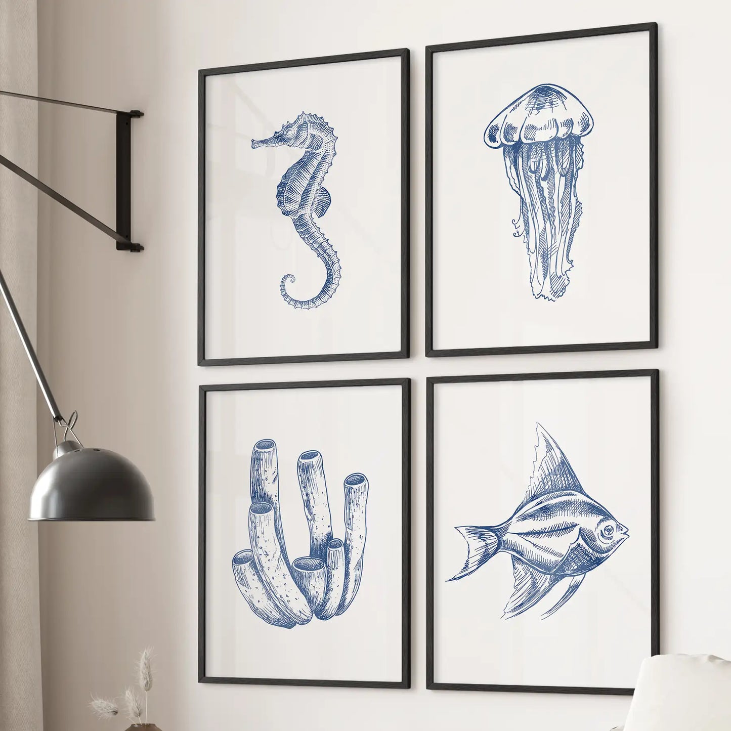 Jellyfish, fish, seahorse line art print. Marine nautical beach house decor. Black frames for living room.