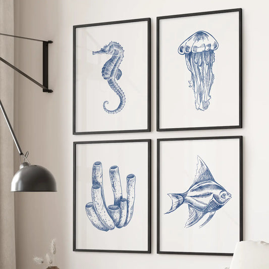 Jellyfish, fish, seahorse line art print. Marine nautical beach house decor. Black frames for living room.