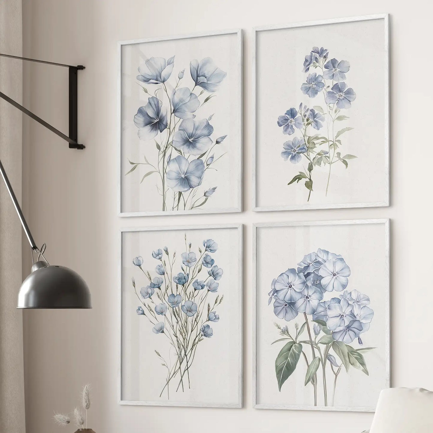 Phlox floral print with soft blue petals and green leaves. White frames for living room.