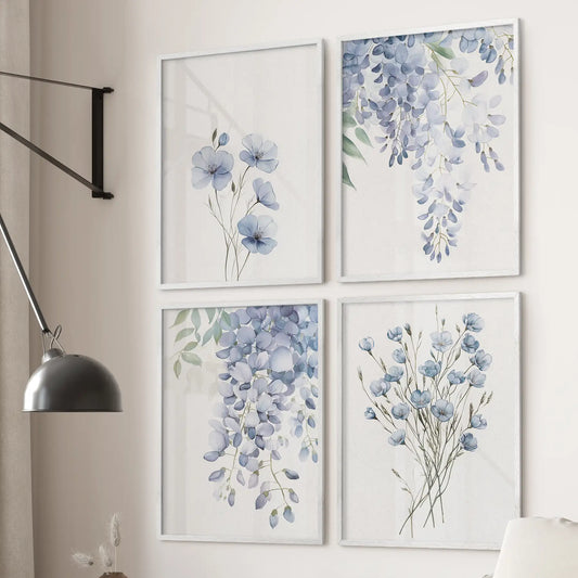 Botanical illustrations wall art. Wildflowers poster large wall art. White frames for living room.