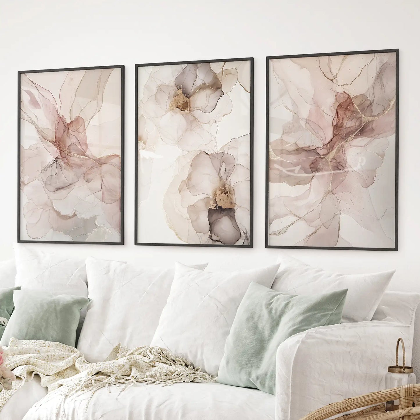 Muted modern abstract set of 3 in black frames, bedroom or apartment wall decor