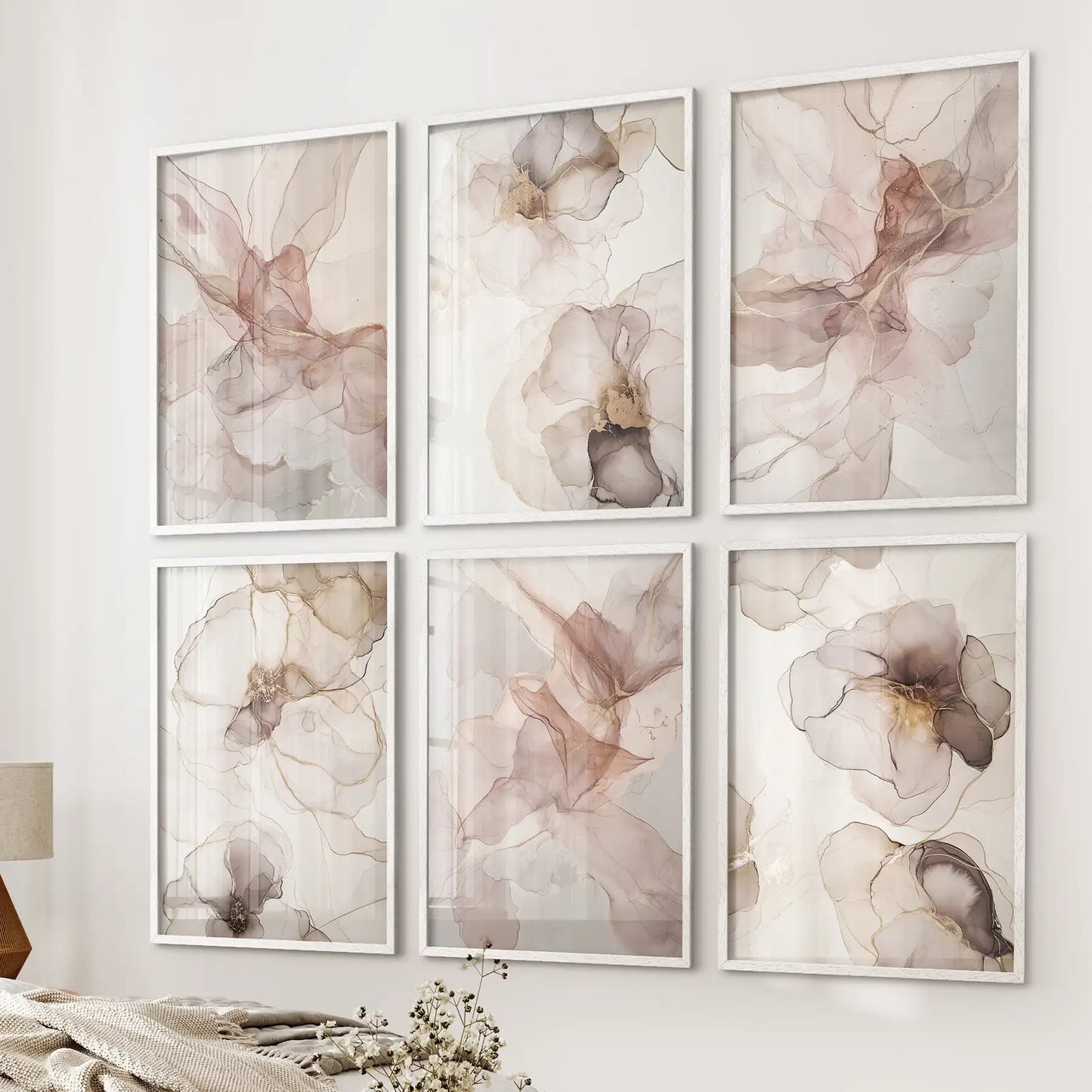 Elegant 6 piece art set featuring abstract flowers in earthy colors. Gallery wall neutral tones. White frames for neutral living room.