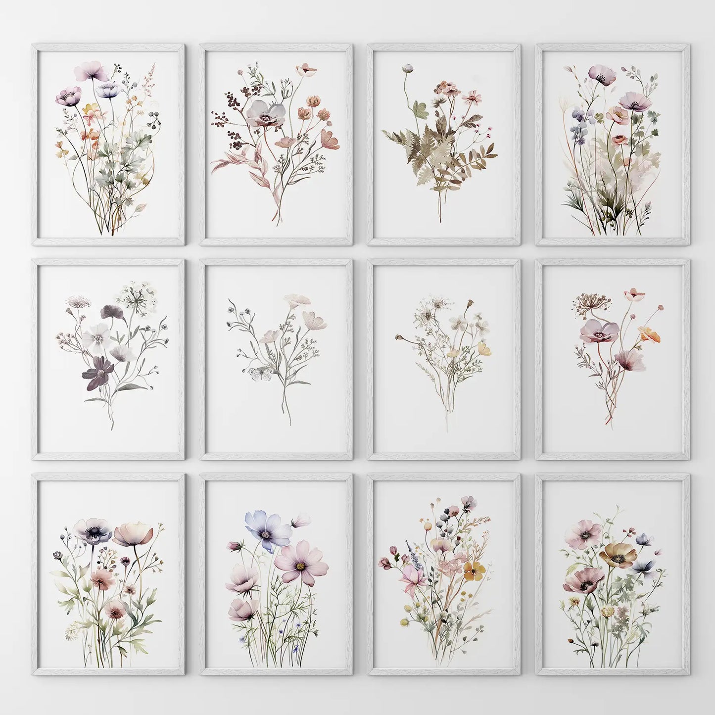 Minimalist set of 12 floral watercolor posters. Garden flowers large print decor. White frames for bedroom.