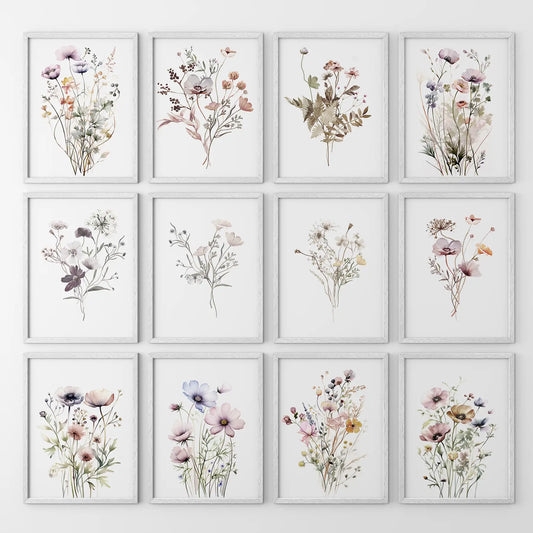 Minimalist set of 12 floral watercolor posters. Garden flowers large print decor. White frames for bedroom.