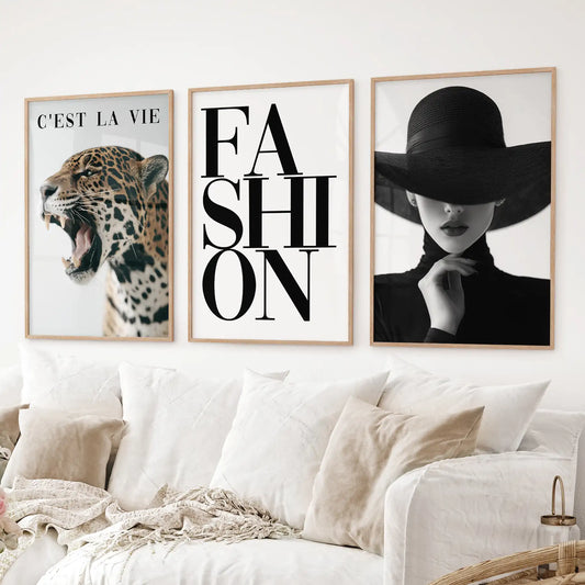 Leopard fashion wall art set with typography and woman portrait. Thinwood frames for living room.
