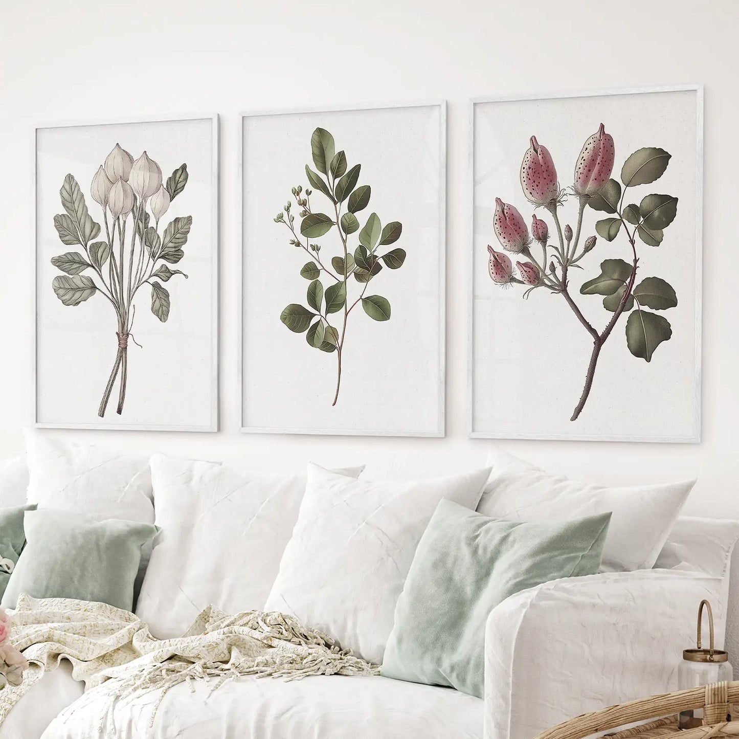 French country art home wall decor. Rose hips modern poster print wall art. White frames for living room.