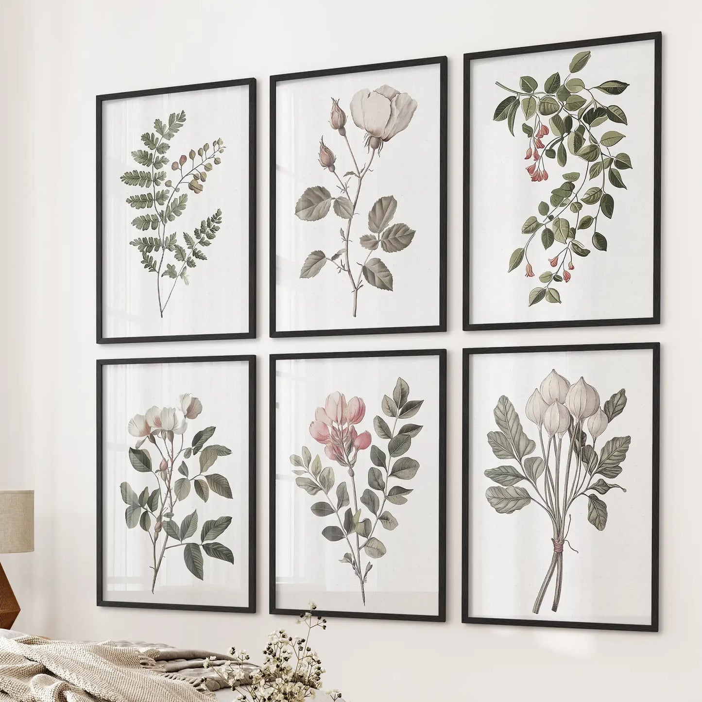 New apartment home wall decor. Antique set of 6 flowers posters. Black frames for bedroom.