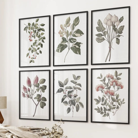 Watercolor flowers artwork. Cottagecore wall art prints decor. Black frames above the bed.