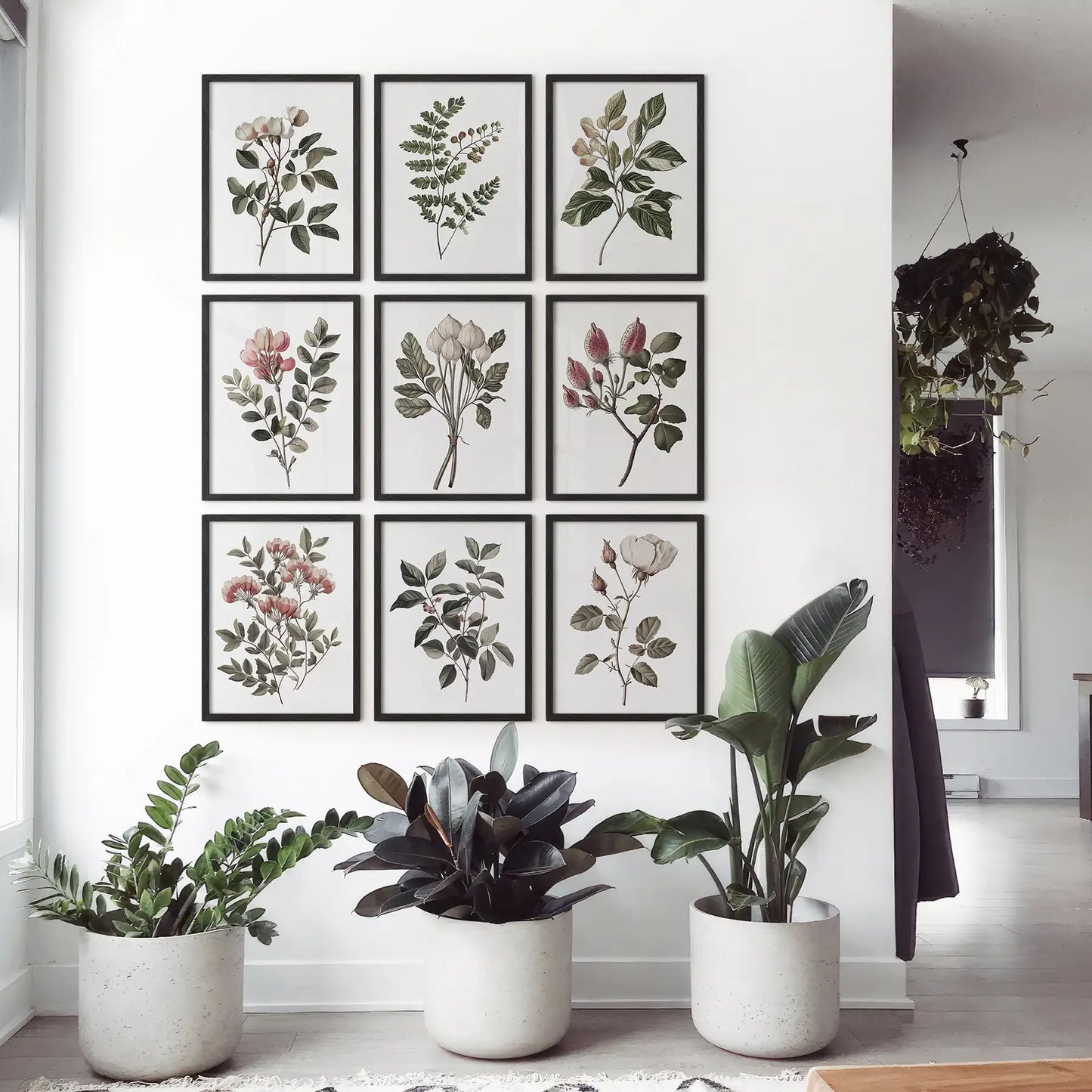 Watercolor flower wall art. Gallery Wall Set of 9 piece home prints. Black frames for living room.
