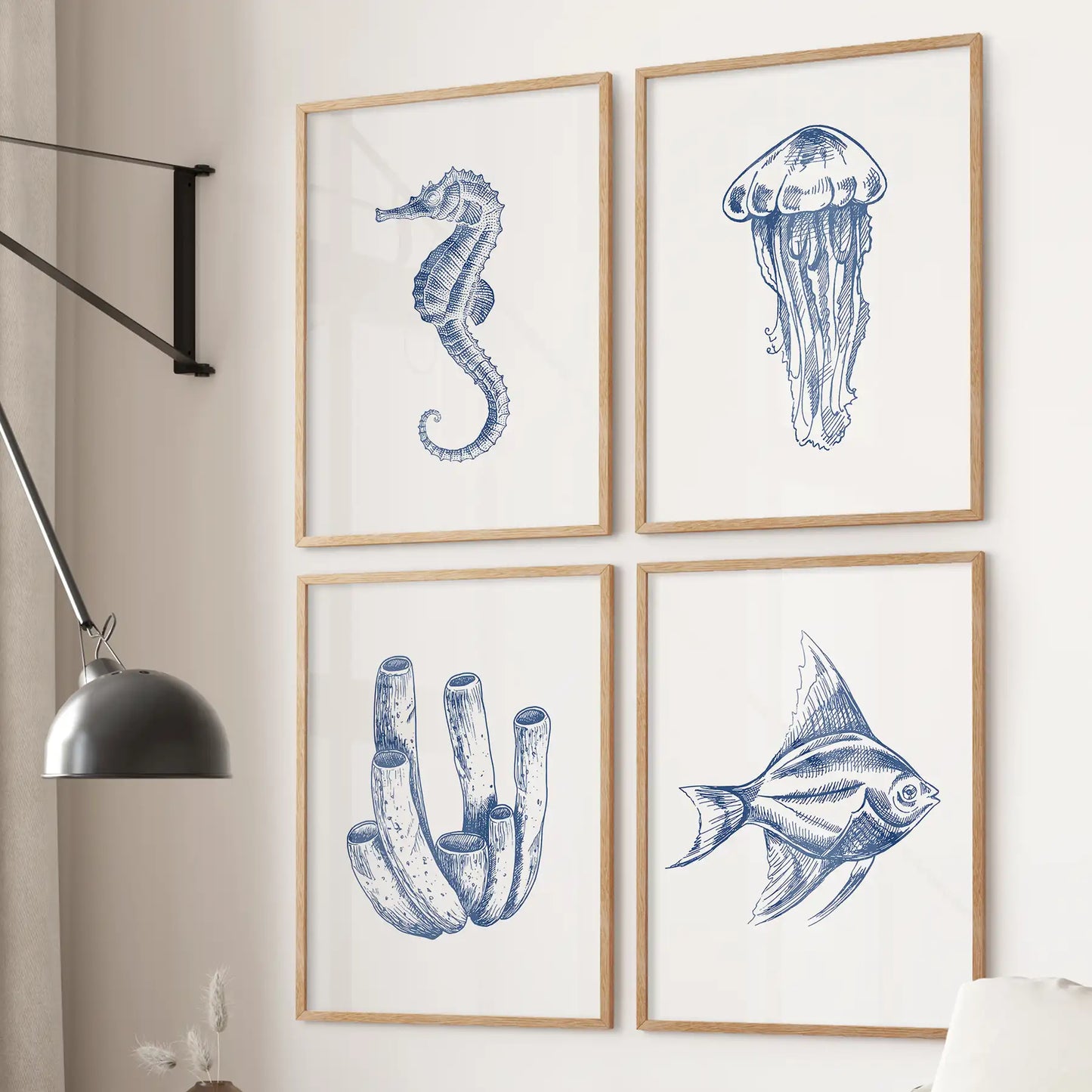 Ocean wall art modern vintage posters. Set of 4 undersea life animals room decor prints. Thinwood frames for office.
