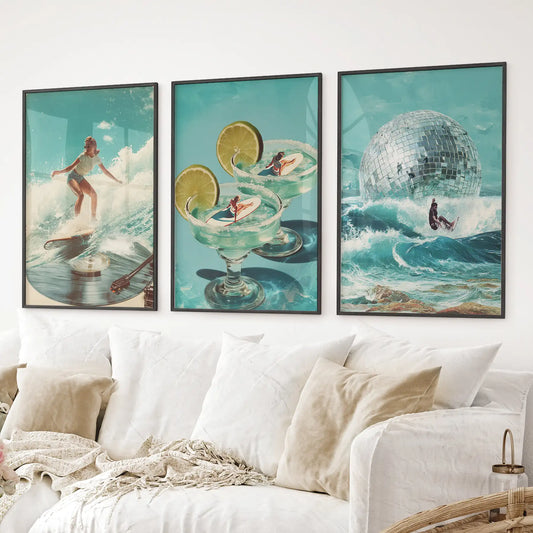 Vintage beach wall art set featuring surfers on record player, drinks, and waves. Black frames for living room.