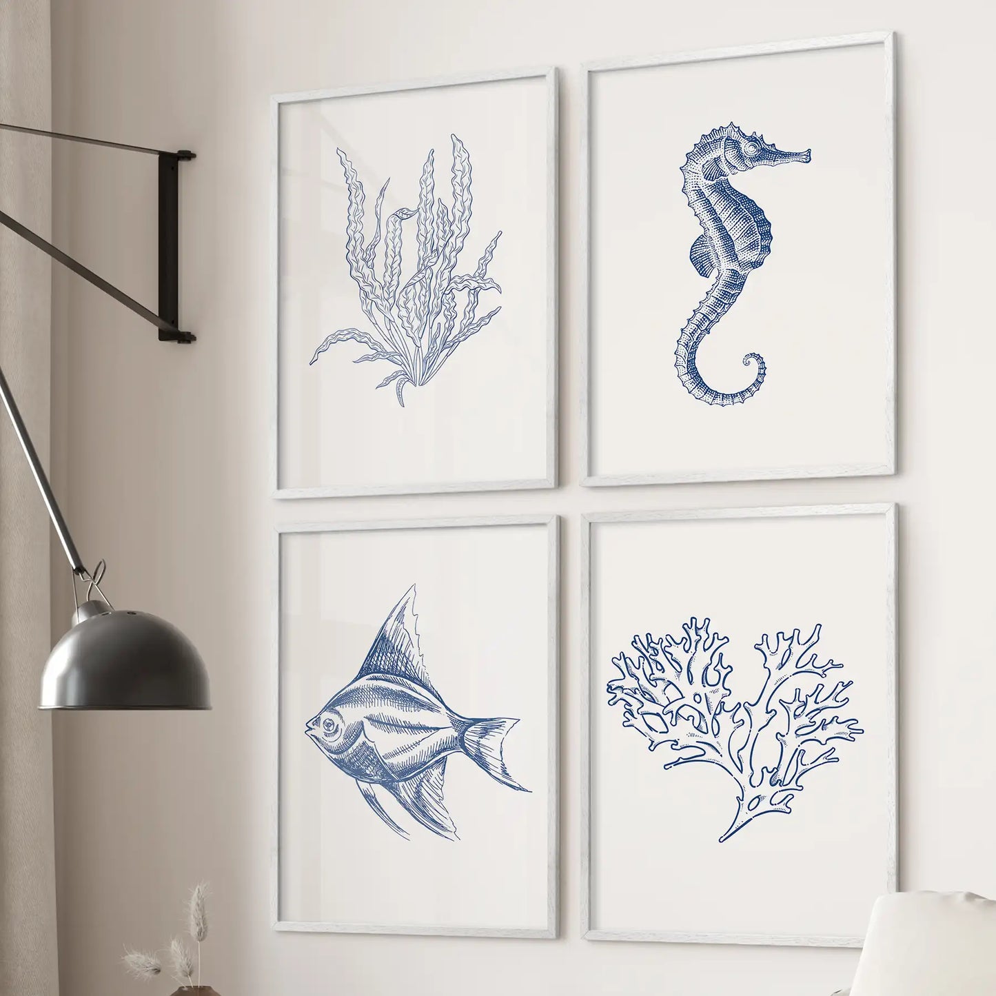 Marine nautical wall art posters. Fish, coral, seahorse blue apartment decor. White frames for bedroom.