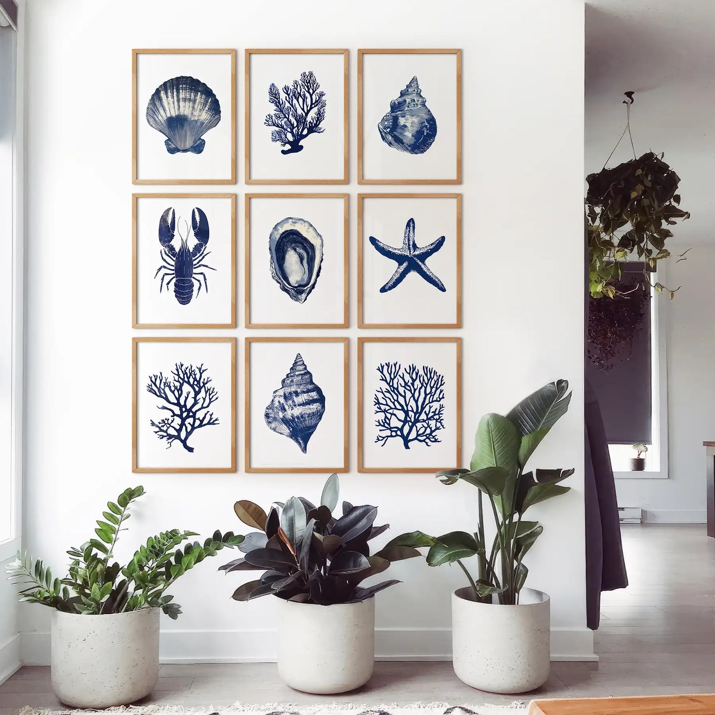 Coastal decorating prints. Minimalist watercolor painting nautical wall art. Thinwood frames for bathroom.