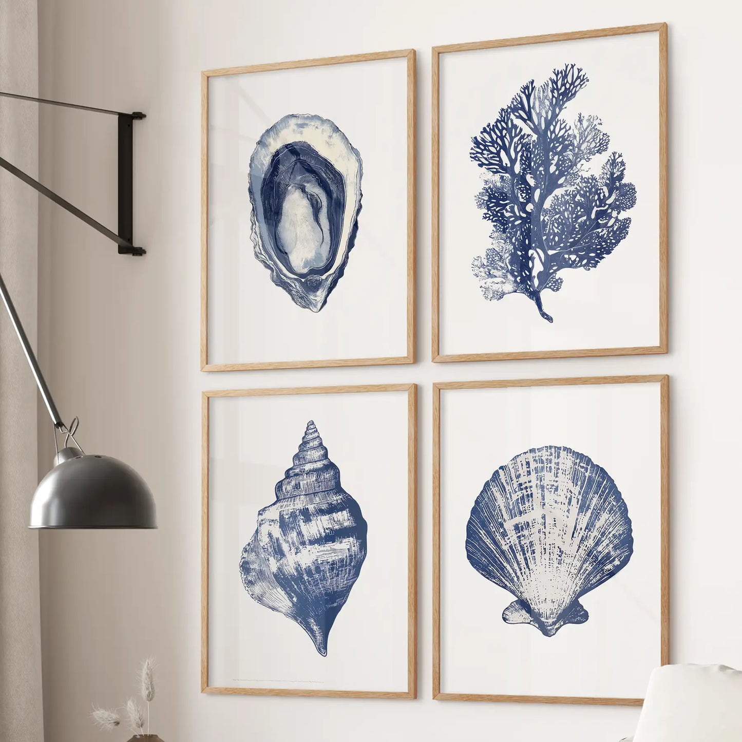 Blue coastal art 3 piece set. Modern apartment decor ocean posters. Thinwood frames for lake house.