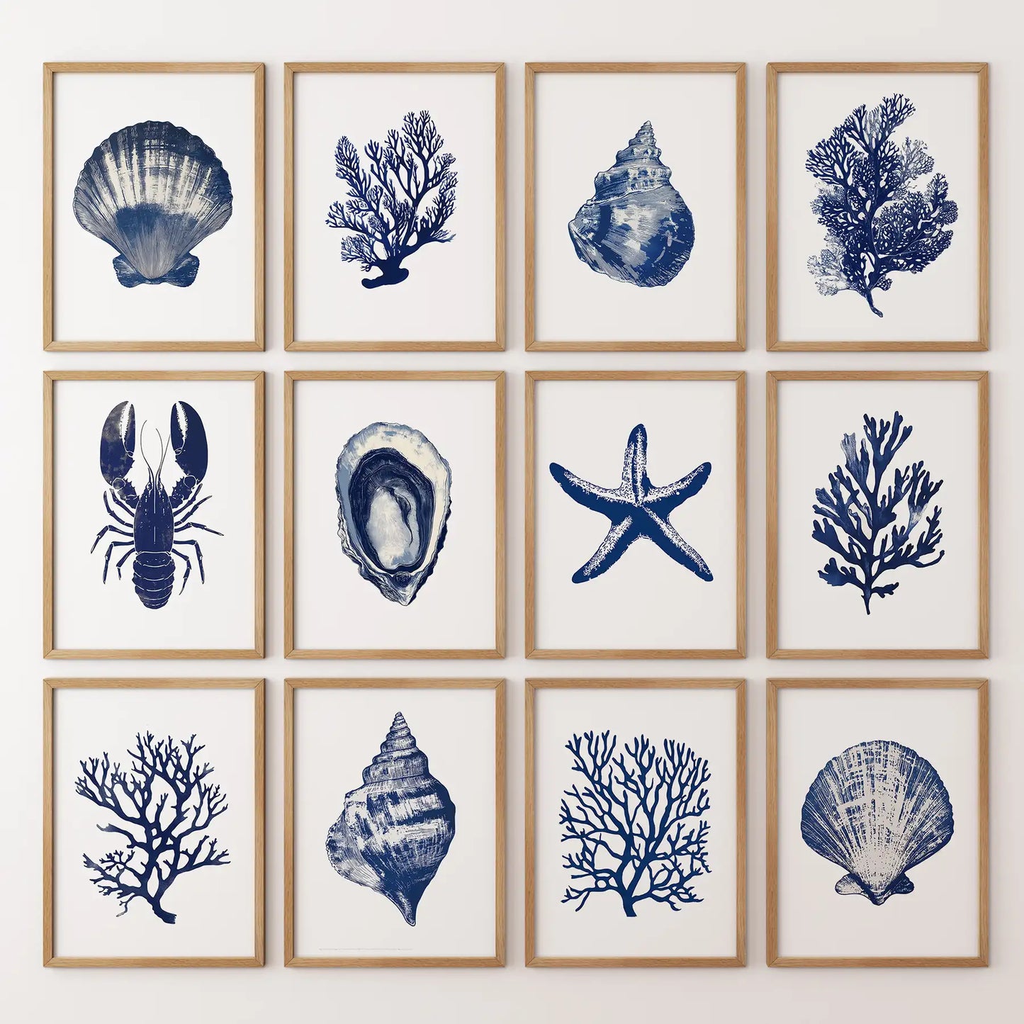 Beach house decor summer wall art. Navy blue nautical print set gallery. Thinwood frames for living room.