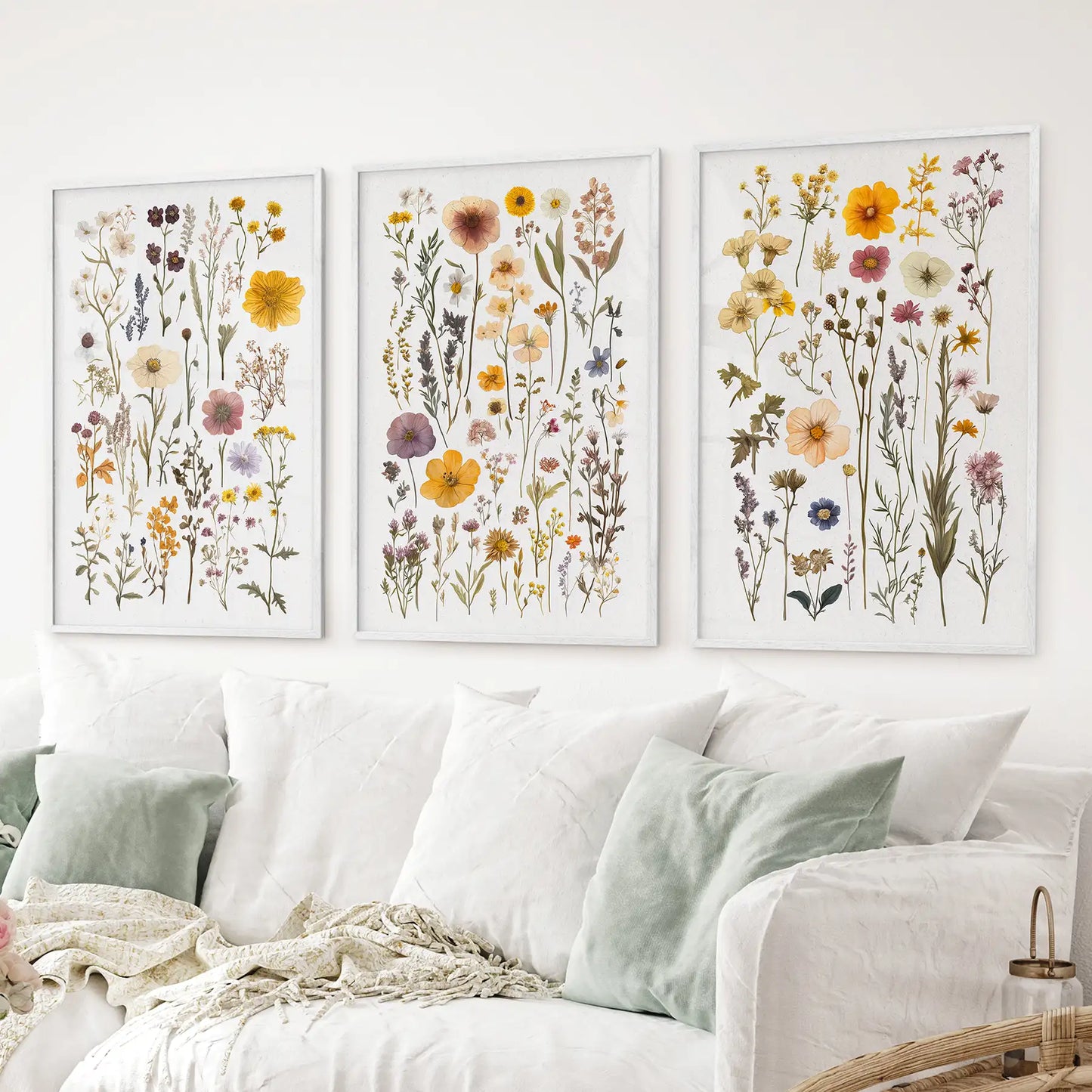 Modern botanical flower illustrations. Floral nursery wall art decor. White frames above the sofa.