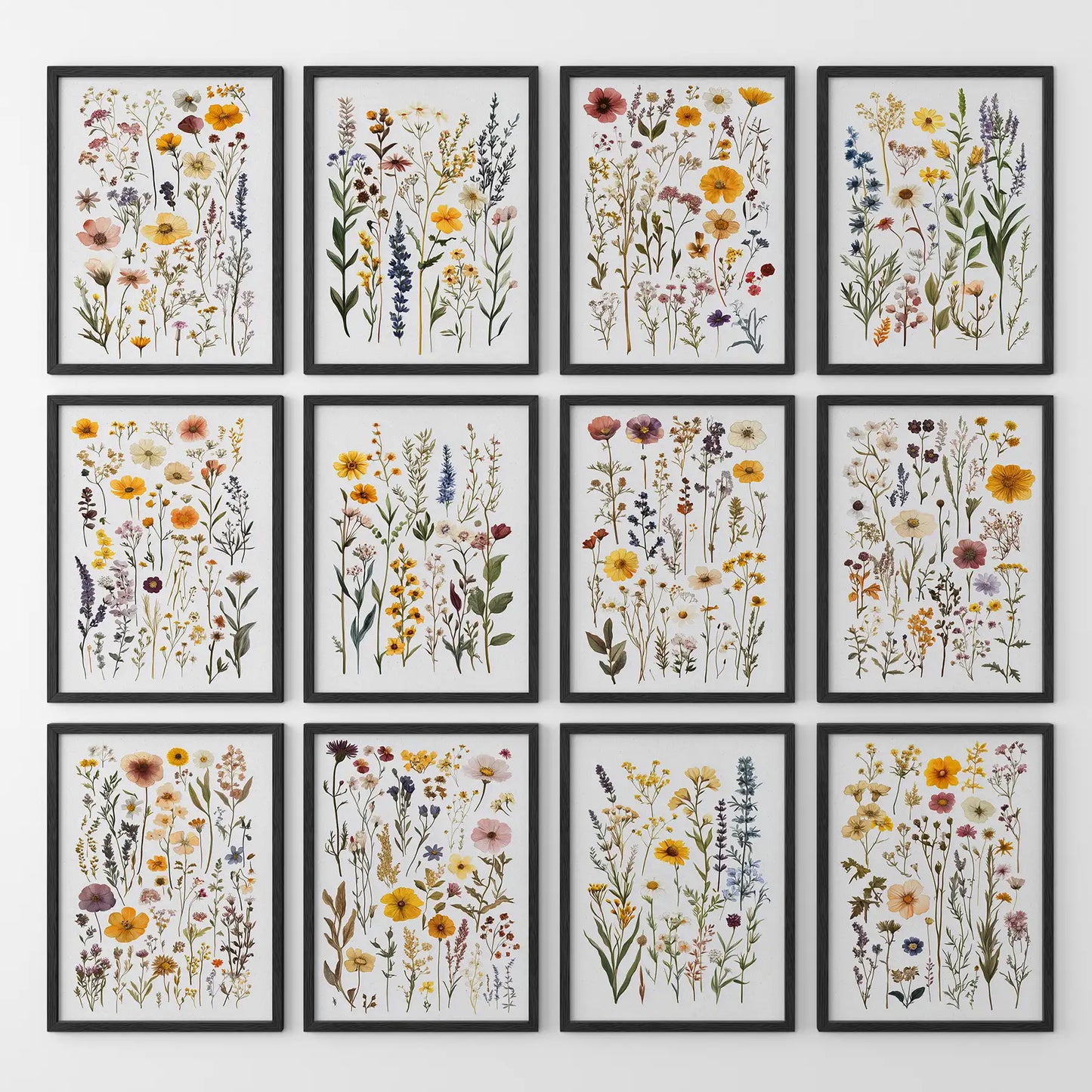 Garden plants cottagecore home decor. Watercolor wildflowers artwork natural floral gallery wall. Black frames for kitchen.