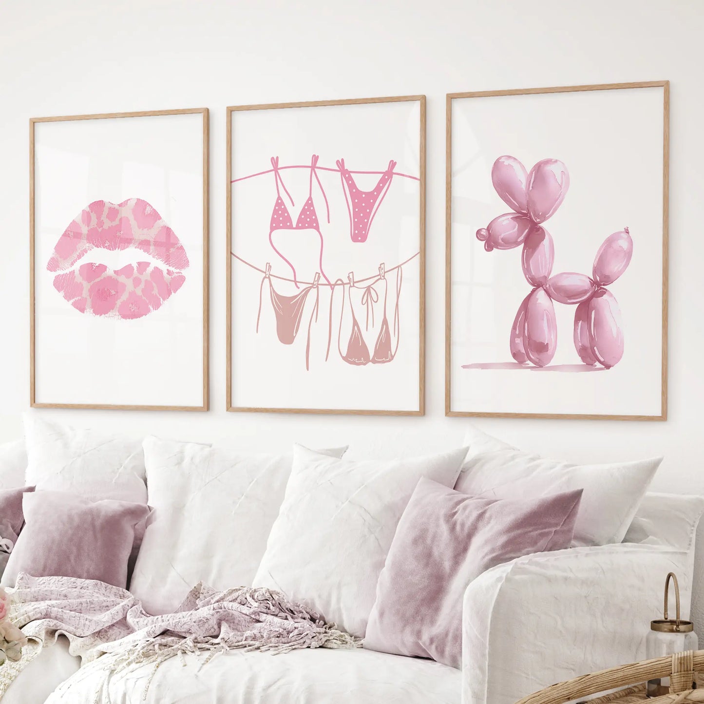 Pink Wall Art Set of 3: Lips, Bikini, Balloon Dog Prints