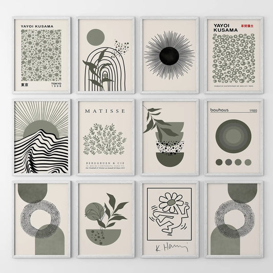 Modern graphic gallery wall with Matisse and Bauhaus styles. White frames for living room.