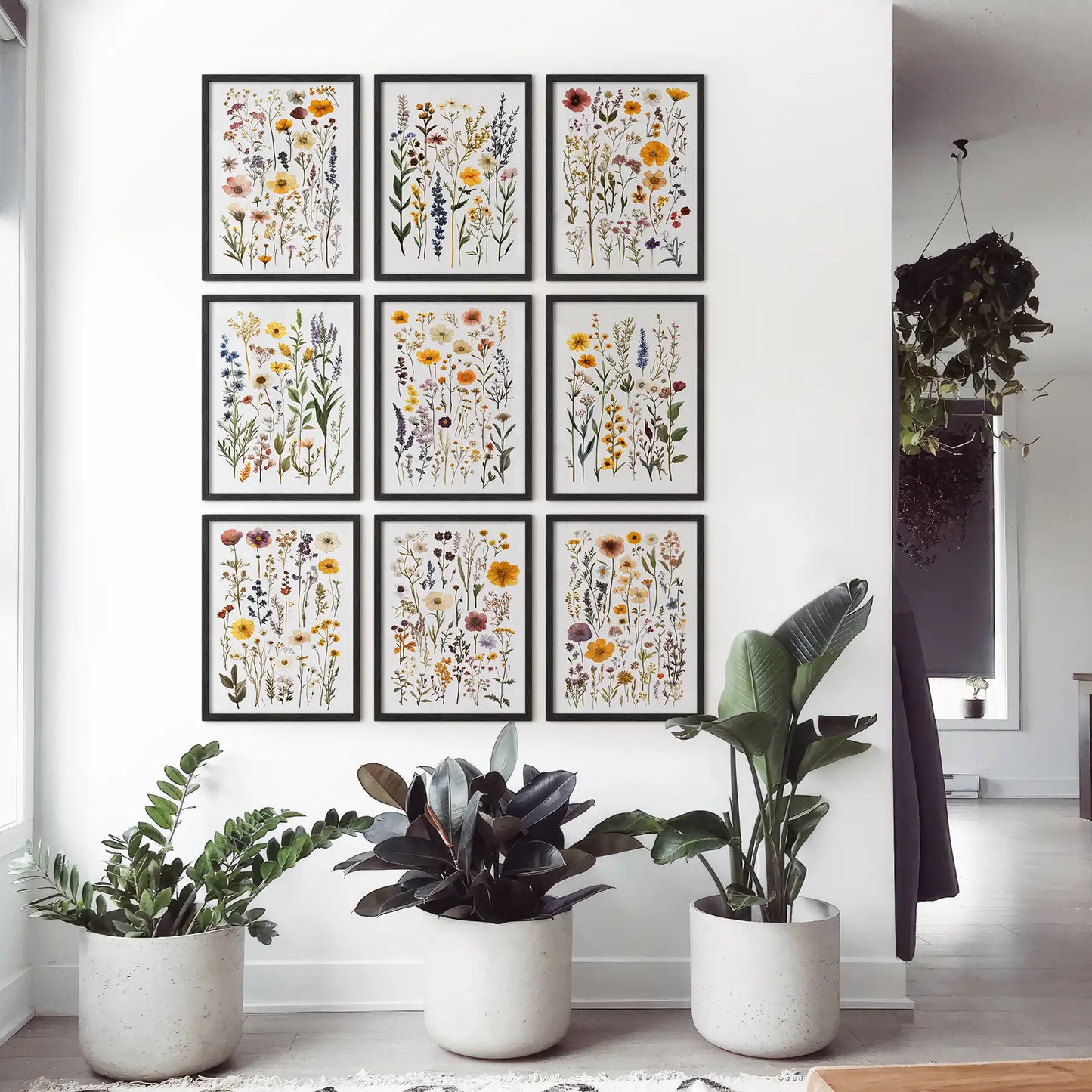 Flowers artwork colorful gallery of 9 piece. Trendy garden flowers prints room decor. Black frames for living room.