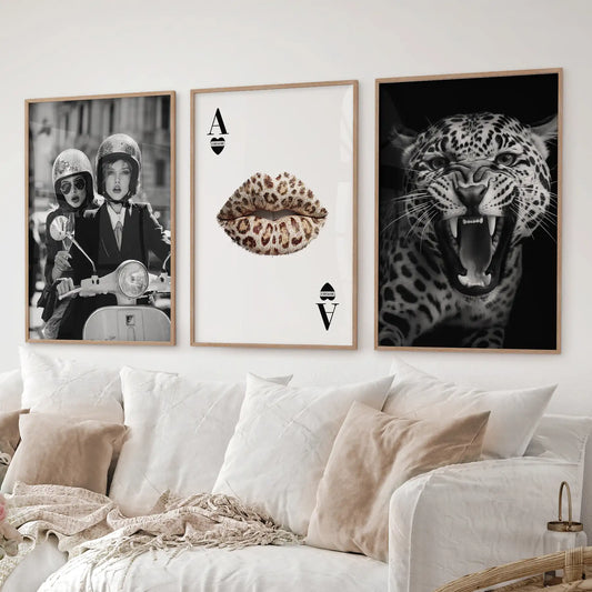 Contemporary glam wall art set with leopard roar, chic lips, and vintage scooter. Thinwood frames for living room.