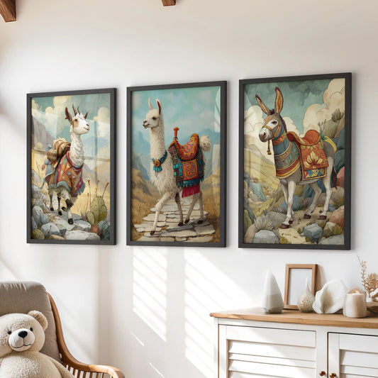 This 3-piece llama wall art set, in sleek black frames hung above a kids’ dresser, adds a playful farmhouse charm and gentle warmth to the room.